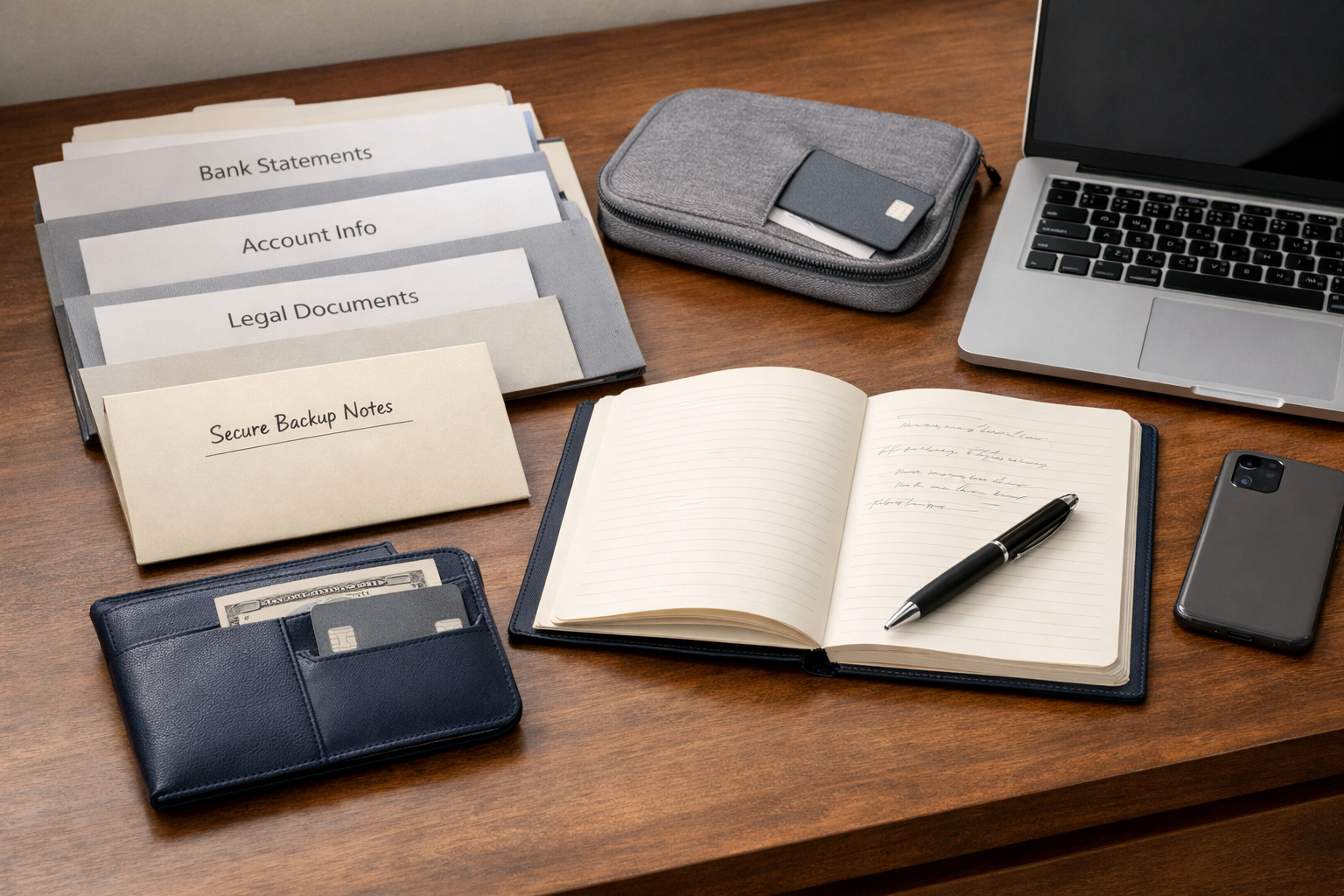 A careful banking backup setup with grouped papers, a wallet, and secondary payment tools.