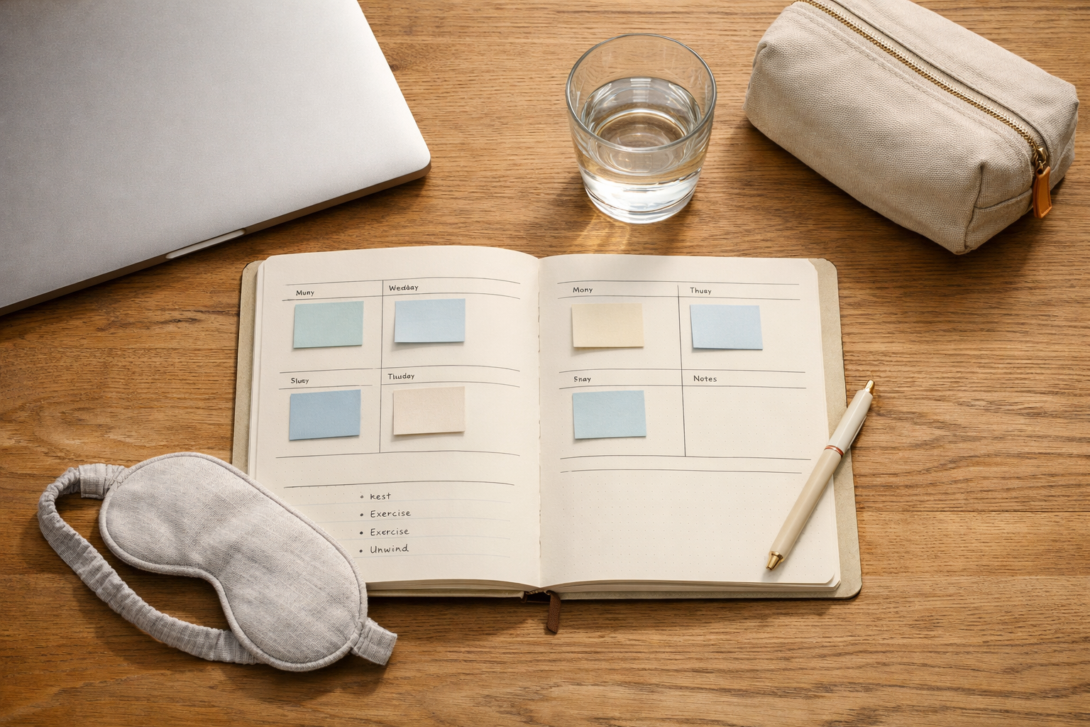 A reduced weekly plan beside a closed laptop, water, and a sleep mask.