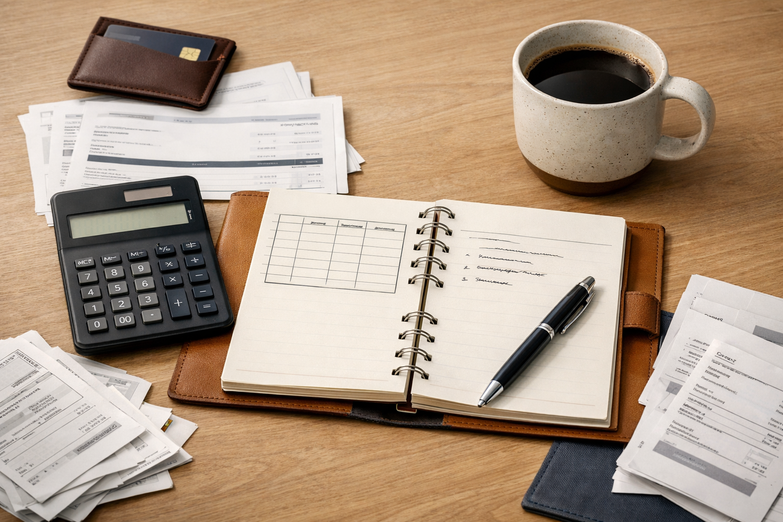 A conservative monthly cash-flow planning setup with a calculator, notebook, and bills.