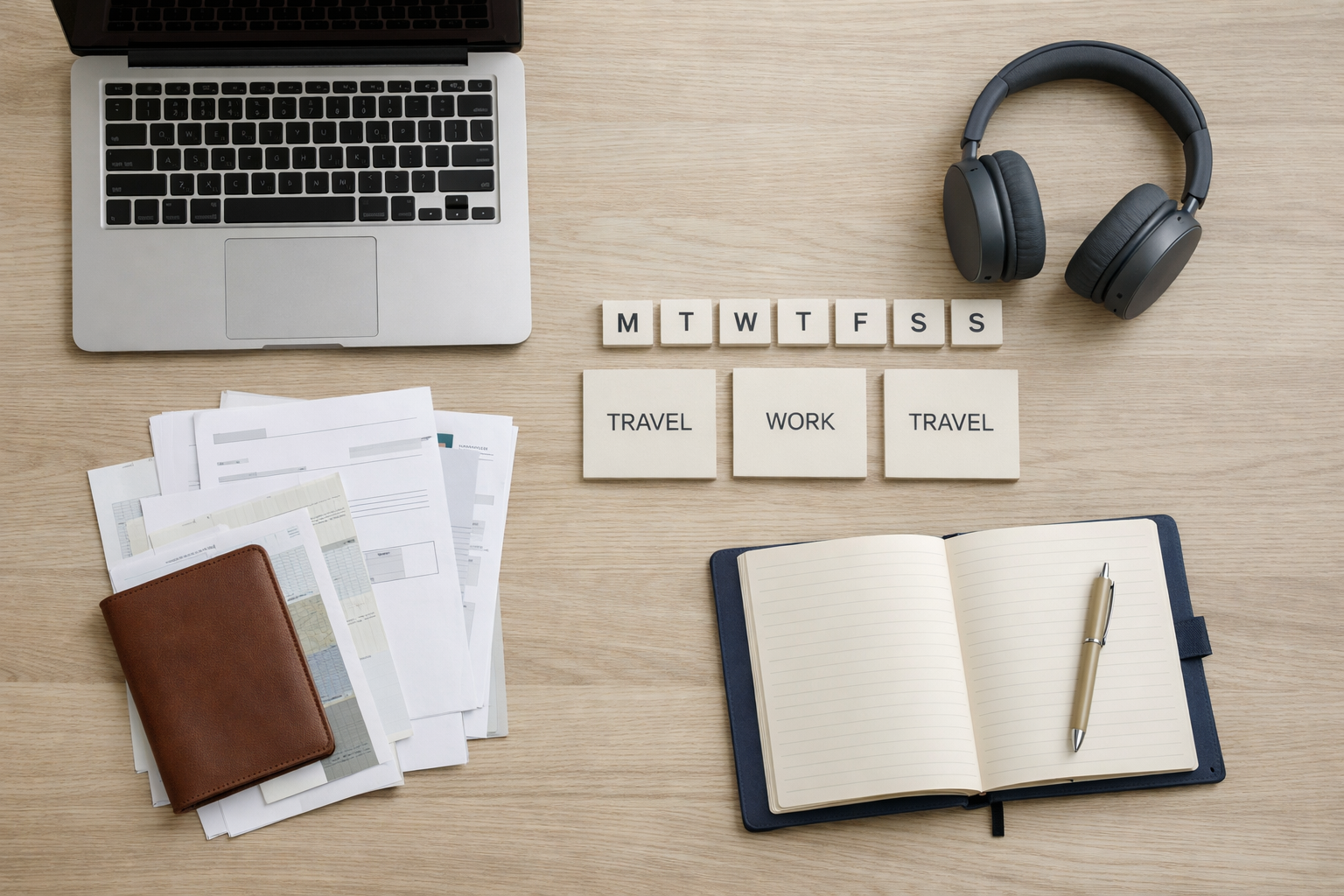 A travel-week planning desk with headphones, laptop, and restrained travel papers.