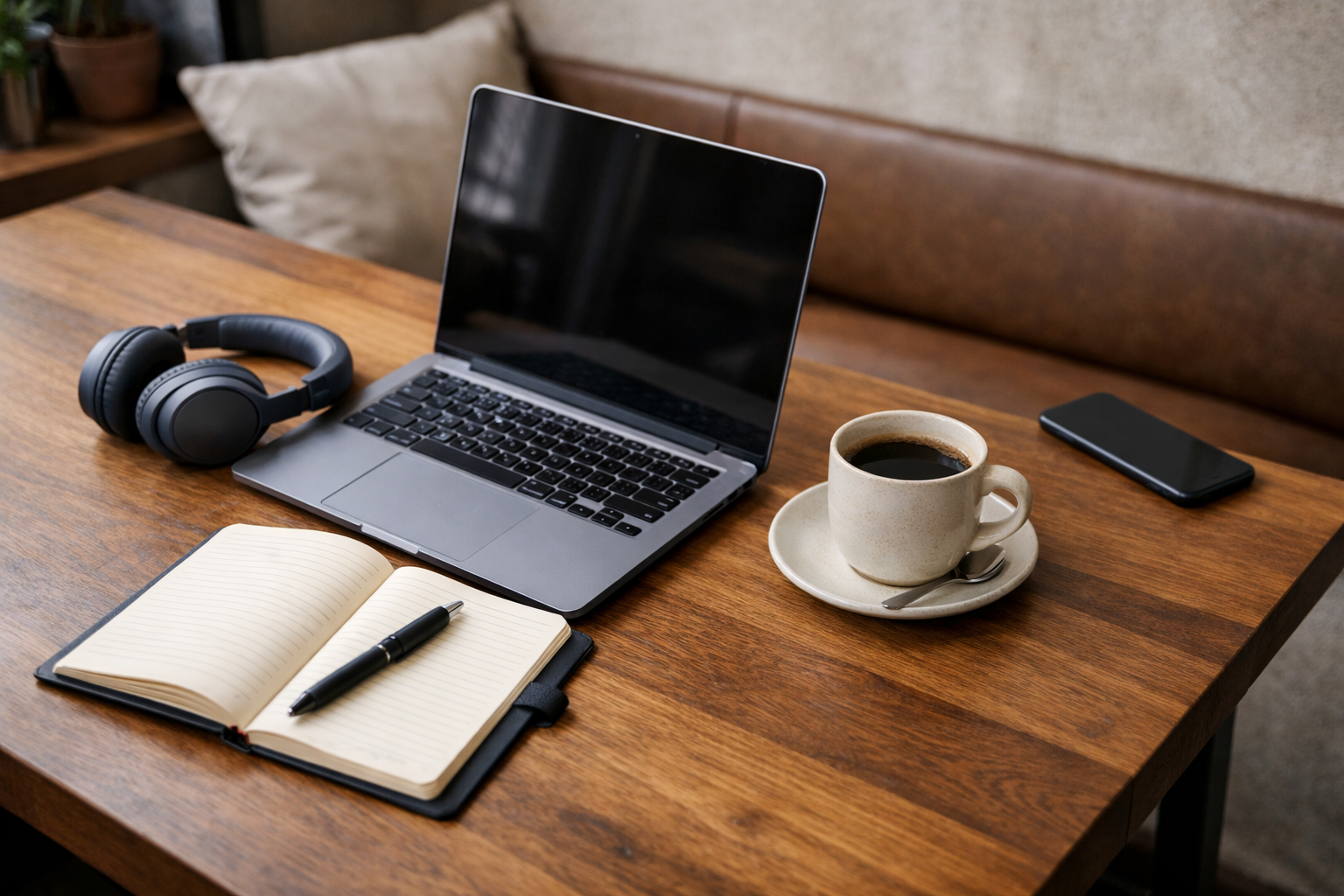 A quiet cafe desk with a phone placed far from the main work area.