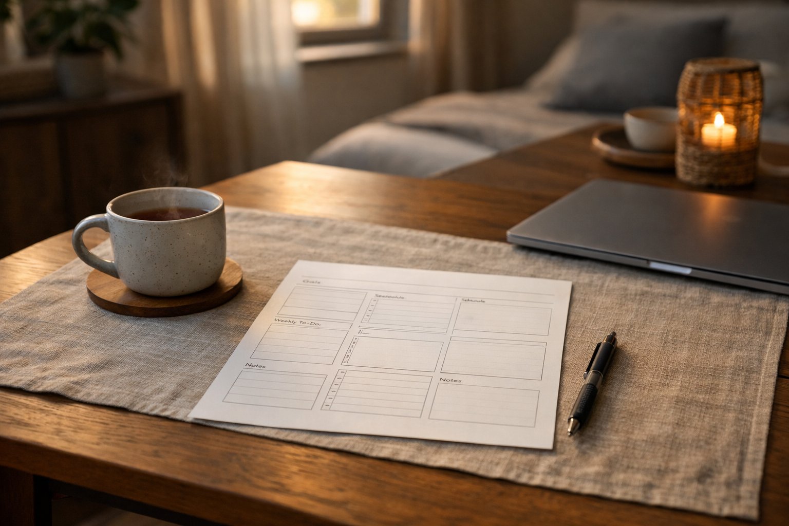 A weekly review setup with a planning sheet, tea, and a calm desk.