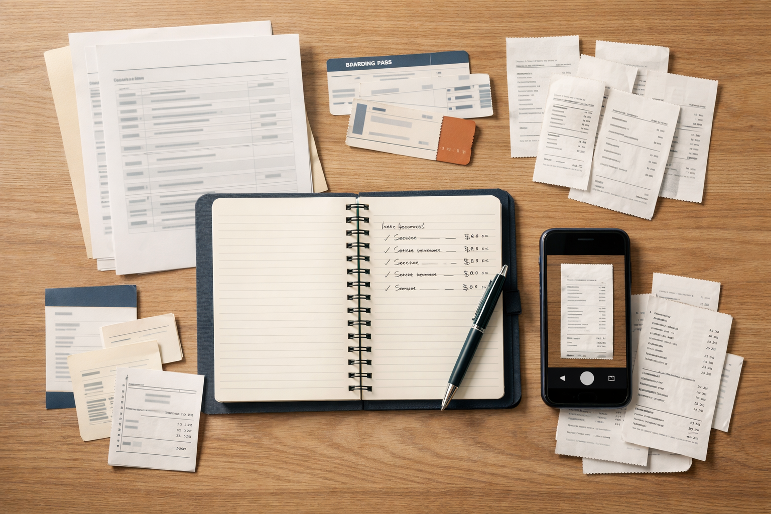 A neat spread of travel receipts, itinerary papers, and supporting notes.