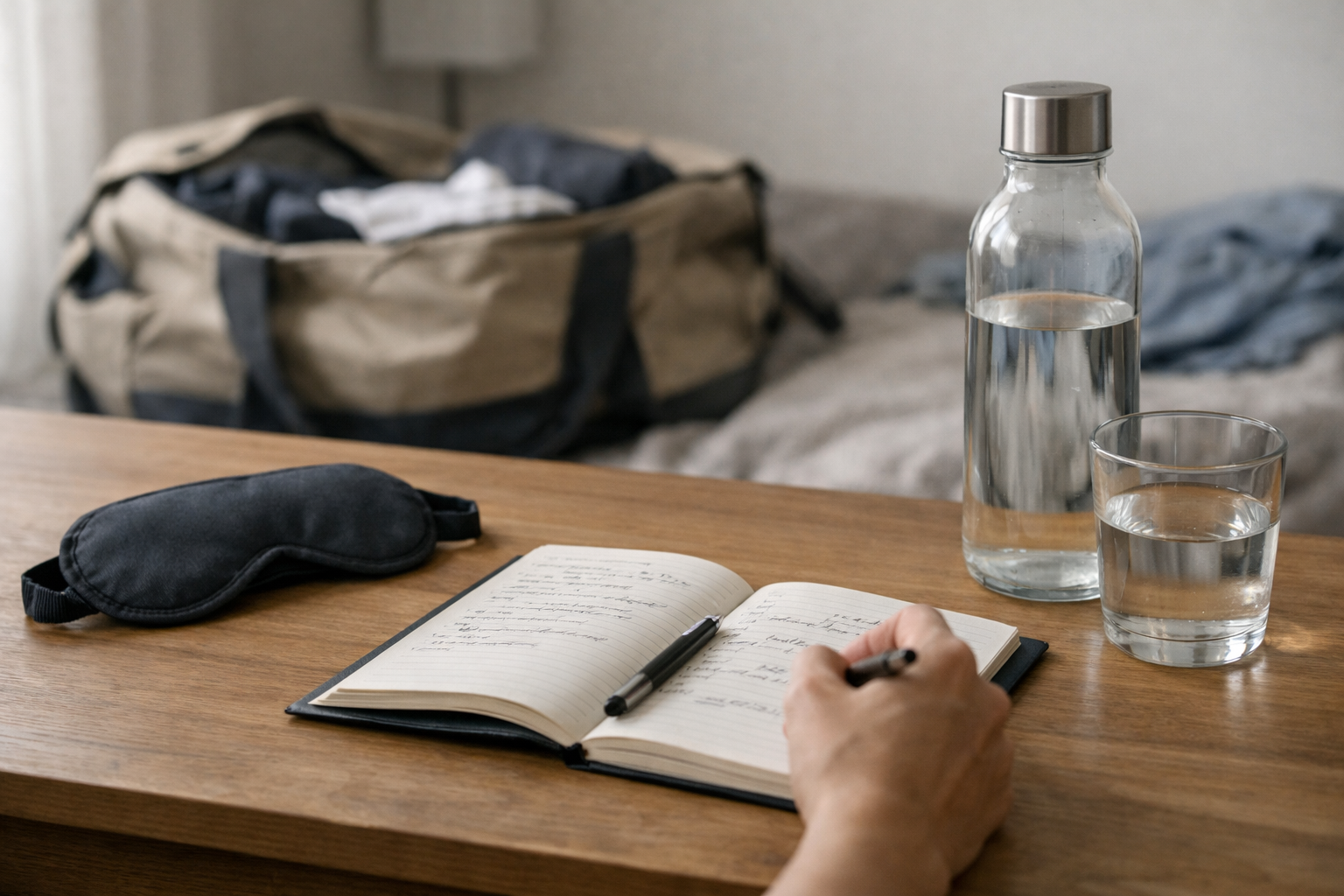 A post-travel recovery audit with a notebook, water, sleep mask, and a bag in the background.