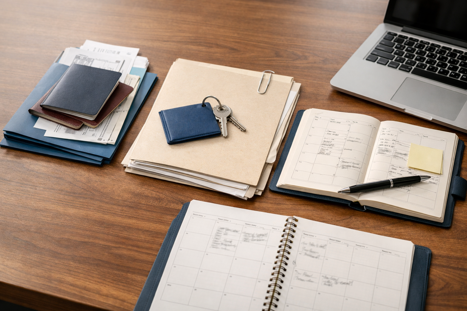 An organized evidence pack with travel documents, planner, and laptop prepared for review.