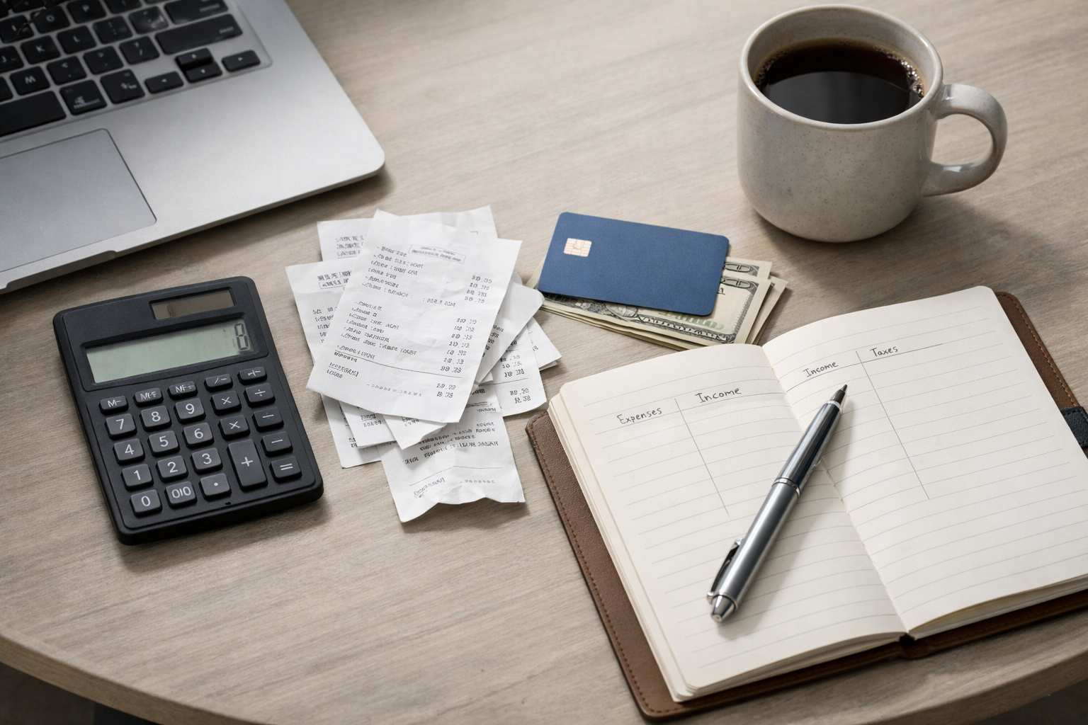 A tidy weekly finance check with receipts, calculator, notebook, and coffee.